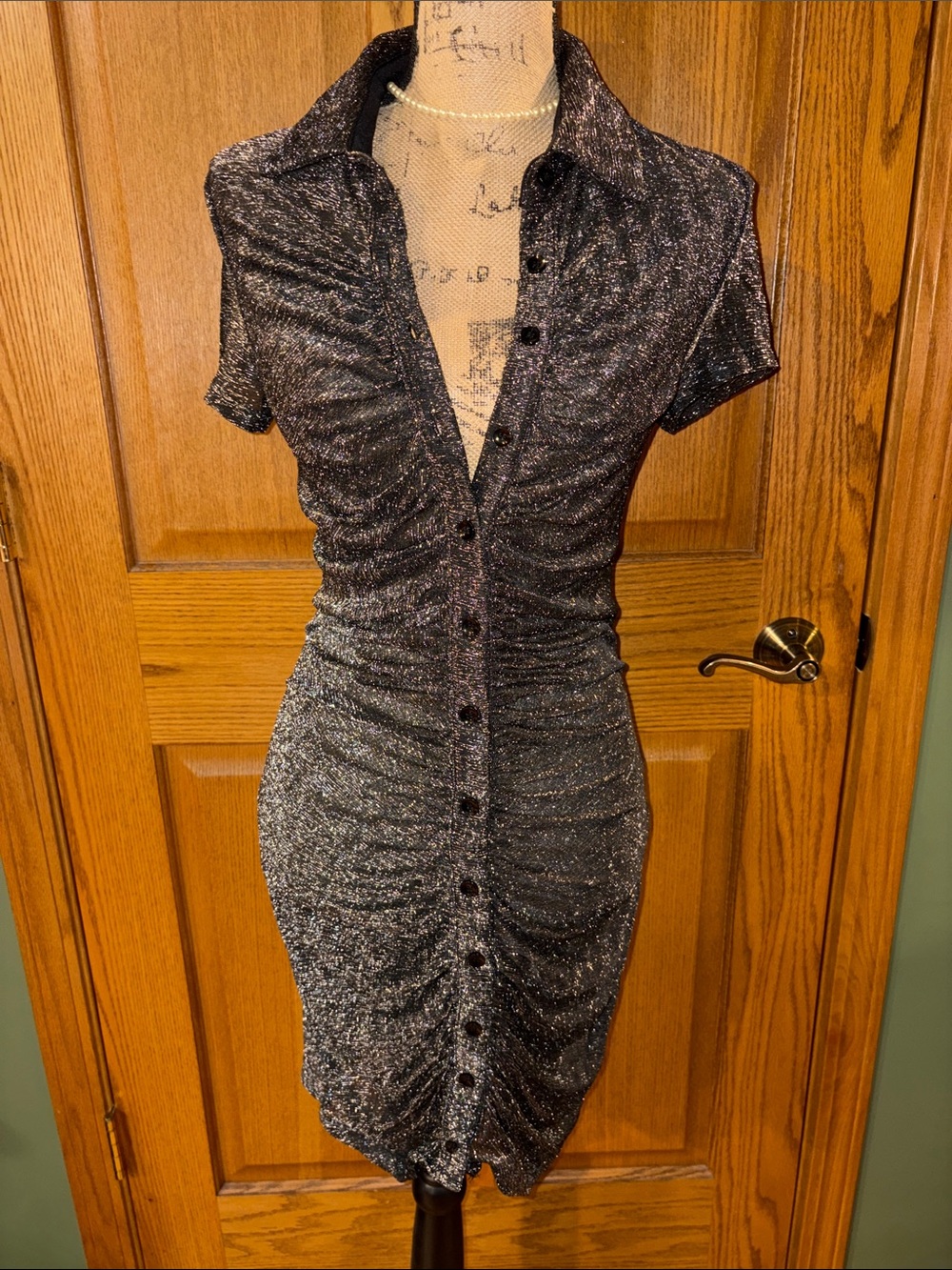 NWT MakeMeChic sz LRG sheer black sexy Vneck runched sparkly dress collar button